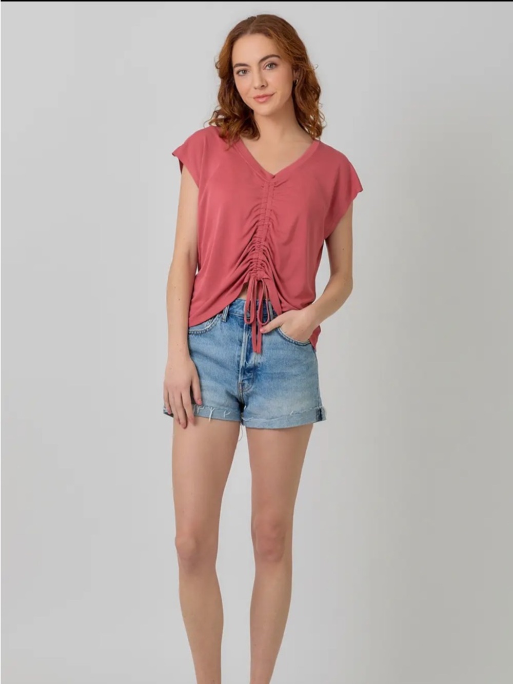 2015. Jersey knit ruched sleeveless top in mauve